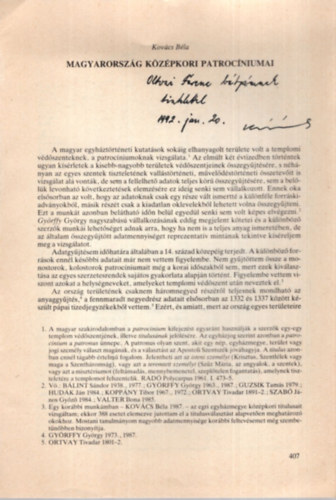 Kovács Béla - Magyarország középkori patrocíniumai - Különlenyomat - Dedikált + dedikált levél