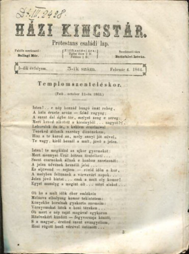 Batizfalvi Istvn Ballagi Mr  (szerk.) - Hzi kincstr. Protestns csaldi lap. 5-dik vfolyam. 3-ik szm. Februr 4. 1864.