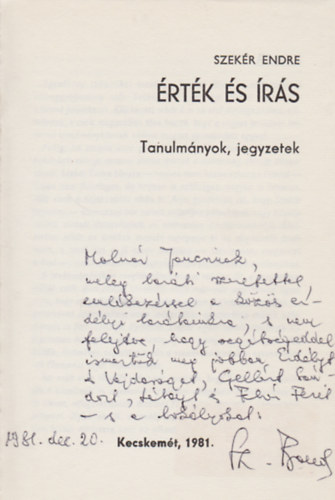 Szek�r Endre - �rt�k �s �r�s (Dedik�lt)