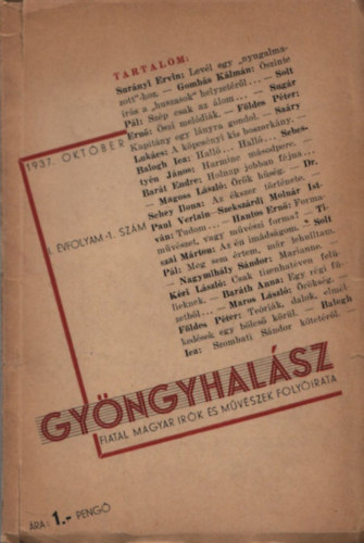 Sary Lukcs  (fszerk.) - Gyngyhalsz - Fiatal magyar rk s mvszek folyirata I. vf./1. szm (1937. oktber)