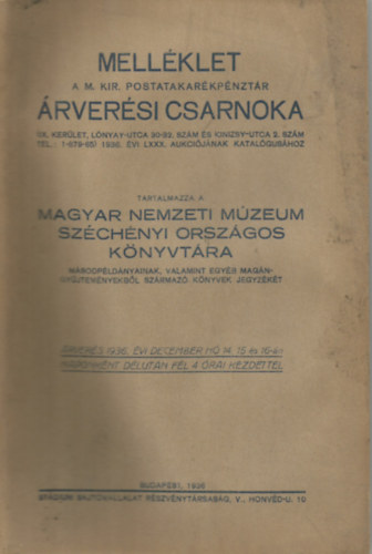 Mellklet a M. Kir. Postatakarkpnztr rversi csarnoka 1936. vi LXXX. aukcijnak katalgushoz