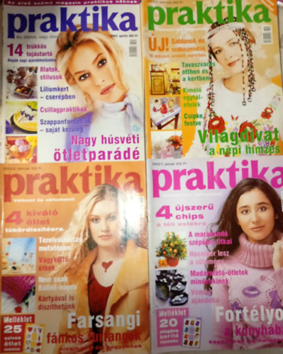 4 db. Praktika Magazin - 2003.jan. - 1. sz�m, 2003.febr. 2. sz�m, 2003.m�rc. 3. sz�m, 2003.�pr. 4. sz�m (szab�s-varr�s-k�t�s-hobby-lak�sdivat-k�zimunka)