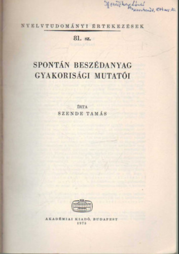 Szende Tams - Spontn beszdanyag gyakorisgi mutati