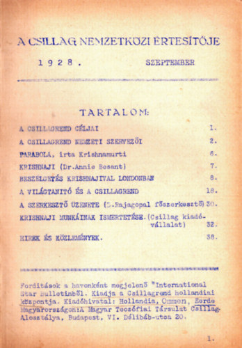 Tbb szerz - A Csillag Nemzetkzi rtestje 1928/1. szm (szept-dec.) s 1929/6-11. (jan.-jl.)