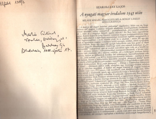 Szakolczay Lajos - A nyugati magyar irodalom 1945 utn - Klnlenyomat - dediklt