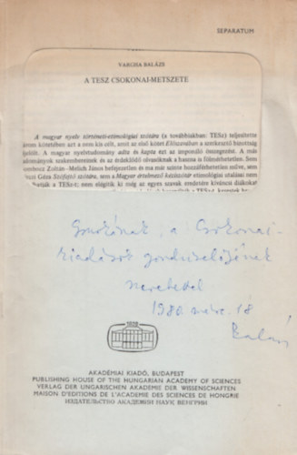 Vargha Bal�zs - A TESz Csokonai-metszete (Dedik�lt)