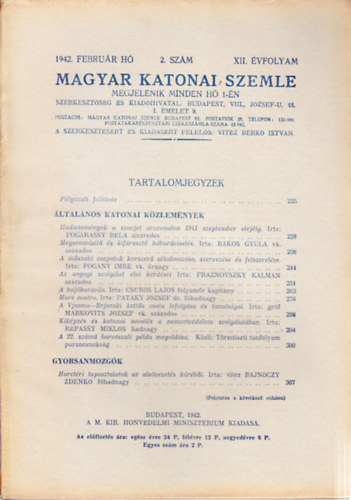 Vitéz Berkó István (szerk.) - Magyar Katonai Szemle 1942. február (XII. évf, 2. szám)