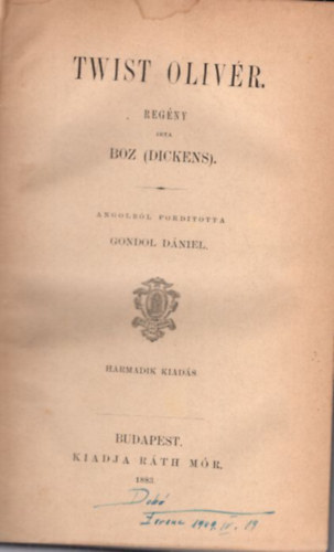 Boz   (Dickens) - Twist Oliv�r 3. kiad�s