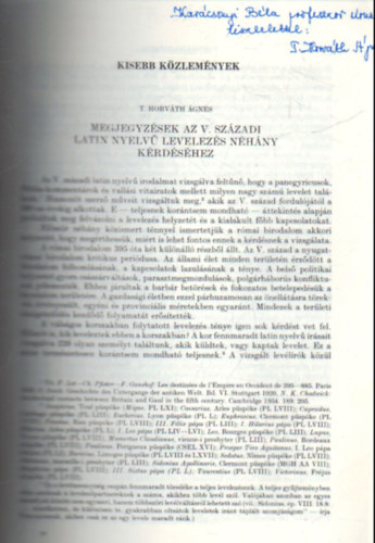 T. Horváth Ágnes - Megjegyzések az V. századi latin nyelvű levelezés néhány kérdéséhez - Különlenyomat - Dedikált