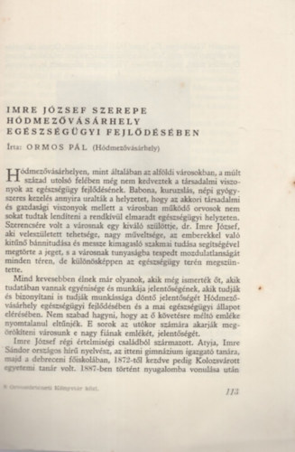 Ormos Pl - Imre Jzsef szerepe Hdmezvsrhely egszsggyi fejldsben - Klnlenyomat