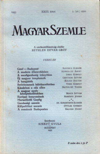 Bethlen Istv�n gr�f - Magyar Szemle 1935. febru�r XXIII. k�tet 2. (90.) sz�m