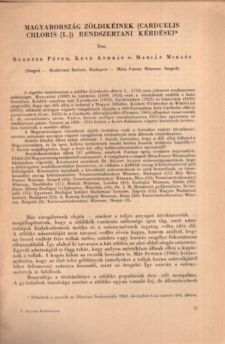 Keve Andrs, Marin Mikls Beretzk Pter - Magyarorszg Zldikinek ( Carduelis Shloris (L.) rendszertani krdsei - Klnlenyomat
